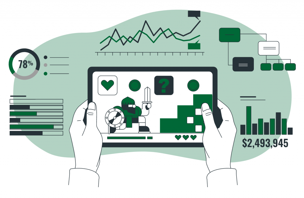Illustration eines Tablets in zwei Händen mit einem Computerspiel und umgebenden Diagrammen und Statistiken.