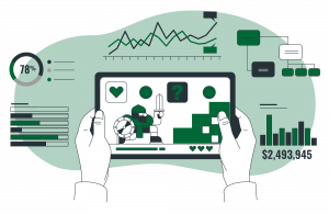 Illustration eines Tablets in zwei Händen mit einem Computerspiel und umgebenden Diagrammen und Statistiken.