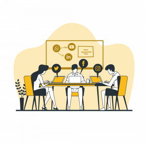 Illustration einer Gruppe von Personen, die gemeinsam an einem Tisch arbeitet und diskutiert.