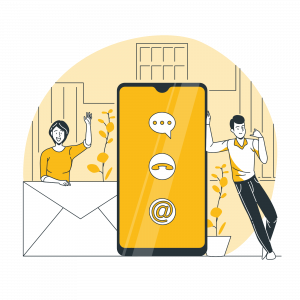 Illustration eines großen Smartphones mit E-Mail-Symbolen, umgeben von zwei Personen.