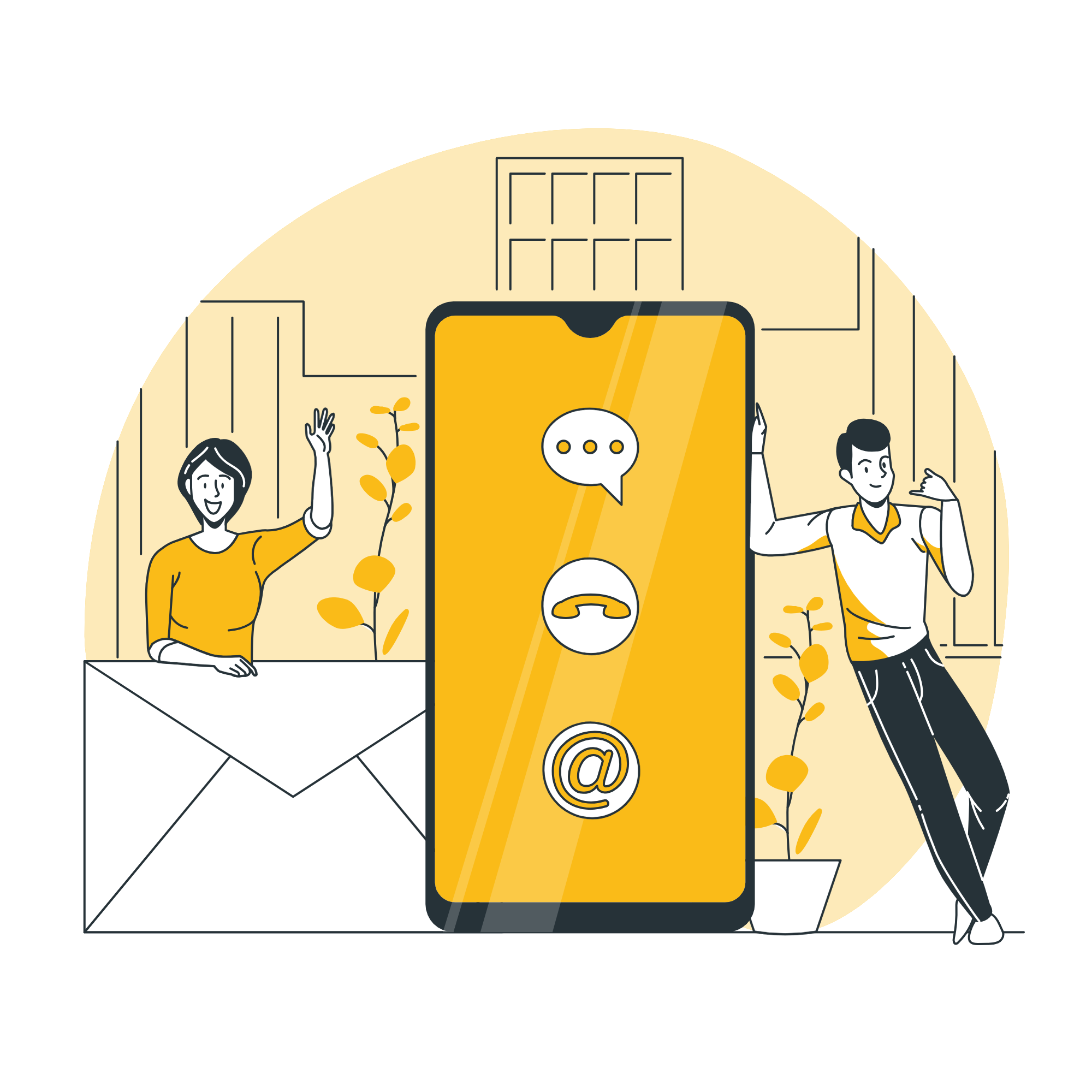 Illustration eines großen Smartphones mit E-Mail-Symbolen, umgeben von zwei Personen.