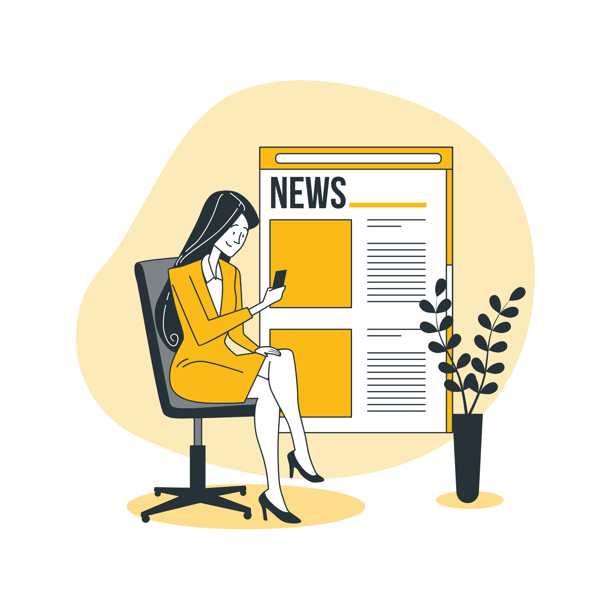 Illustration einer Person, die auf einem Stuhl sitzt und eine Zeitung liest, daneben eine große symbolische Zeitungsseite mit der Überschrift ‚News‘.